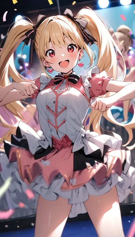 Cinematic Light, Alone, ((( 1 girl))), blonde, Long Hair,  twin tails, Red eyes,  Jewelry ,  earrings,  idol costume, Cute frills,  pastel color,  Beautiful Thighs, Flared Skirt, (smile:1.5), (( Open your mouth :1.2)), (( random action pose:1.2, heartが弾ける)...