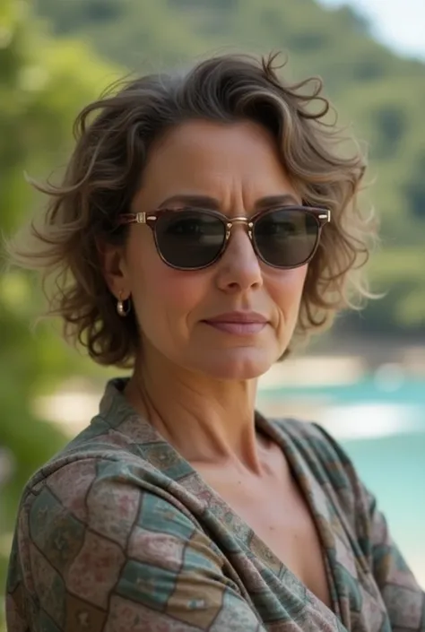 Woman of 50 Years. Short curly and curly hair. sunglasses