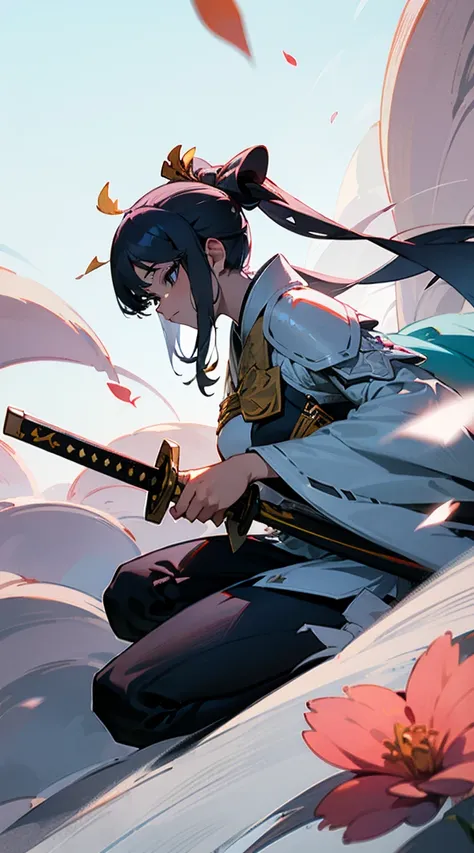 (((Eroge))), Japan scene, Japan Essay, 1womanl,Solo,Illustration, Cinematic composition,delicate composition,Dynamic Angle, Perfect Anatomy,Full body, shrines,flower petals, Black hair,Ponytail,Blue eyes, Samurai,(Japanese armor,kusazuri,give,The location:...