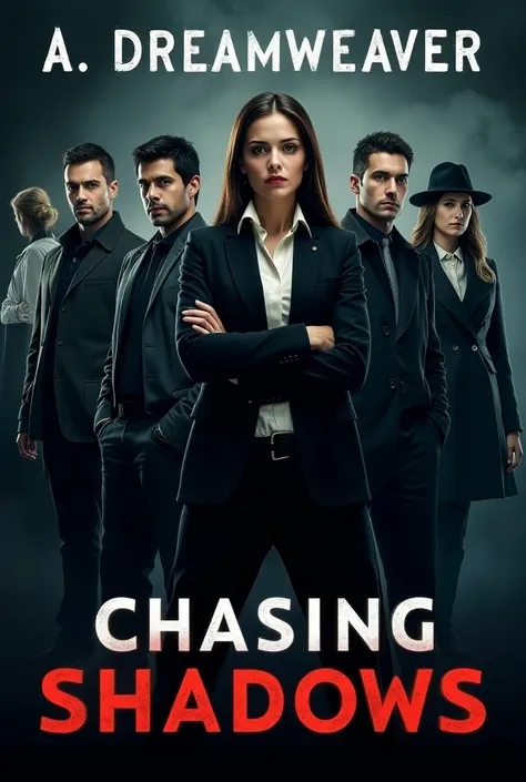 Give me a book cover of a thrill novel.
 signifying danger and thrills. 
Main Image: A group of five detectives, four men and one woman, standing together, looking determined and ready for action. The woman is positioned prominently in the center.
Center F...