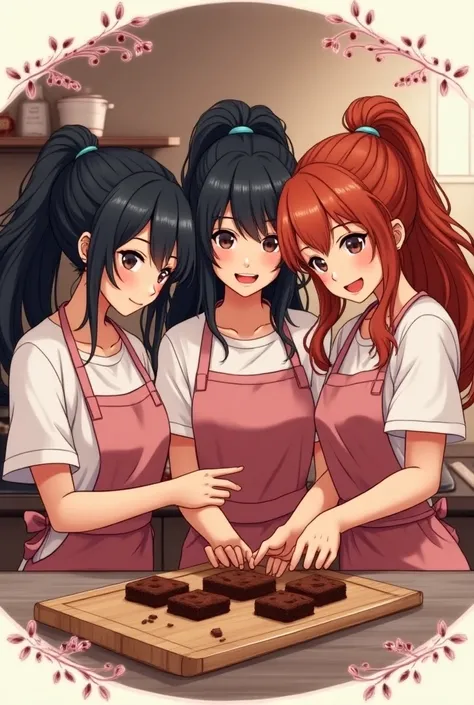 3 girls cooking brownies, two with black hair and one with copper hair 
Its for a round logo so make it eye-catching and with pink tones