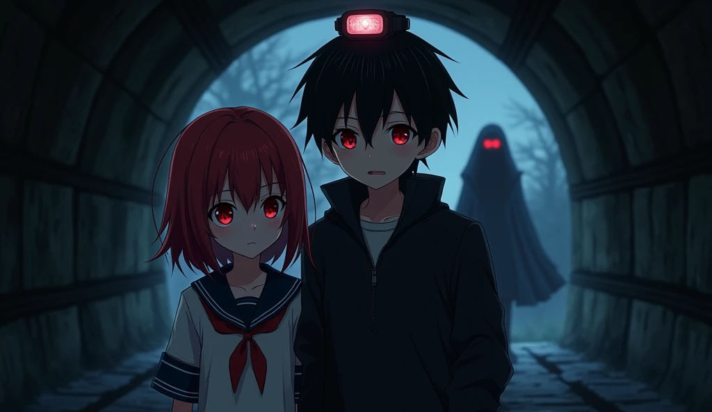 I want a 4K anime-style image with a protagonist with slightly messy black hair, blood-red eyes, that the protagonist is wearing a student outfit and has a girl next to him with red hair, red eyes, is wearing a student outfit, too, the weather is kind of s...