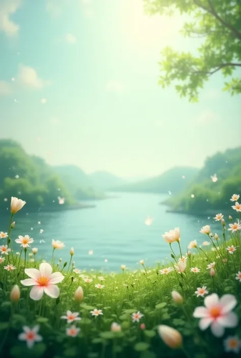  A scene in a natural and tranquil environment , , the air feels calm and relaxing . about, Delicate flowers bloom and a distant, calm body of water reflects the sky. The general atmosphere radiates inner peace, self love and relaxation"