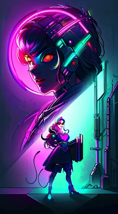 (Book cover) (masterpiece), (highest quality), (official art, highly detailed CG Unity 8k wallpaper), (very detailed), attractive profile picture, girl who became a cyborg, (beautiful eyes, glowing eyes, heterochromia: 1.5) ninja, hero, lazy, antisocial, m...