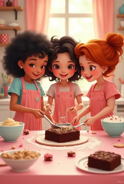 3 girls cooking brownies, two with black hair and one with copper hair 
Its for a round logo so make it eye-catching and with pink tones

Dont animate do it Disney 