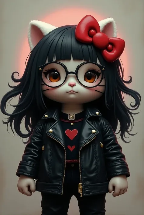 Hello Kitty with long black hair with round glasses and leather jacket 