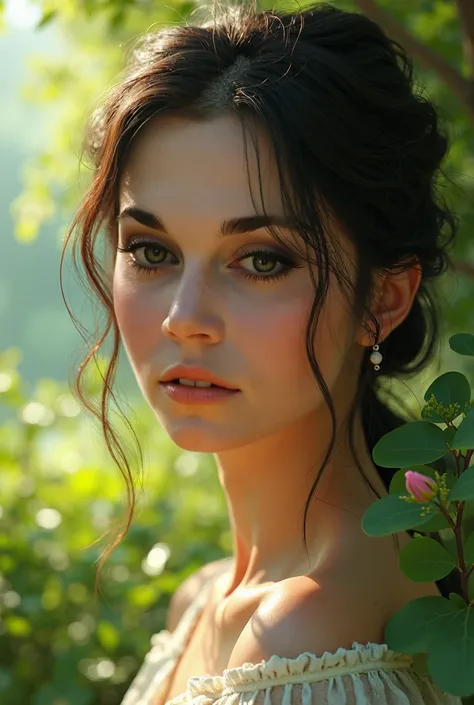 A girl in a garden, beautiful detailed eyes, beautiful detailed lips, extremely detailed eyes and face, long eyelashes, beautiful young woman, serene expression, nature landscape, lush foliage, sunlight streaming through trees, vibrant colors, muted pastel...