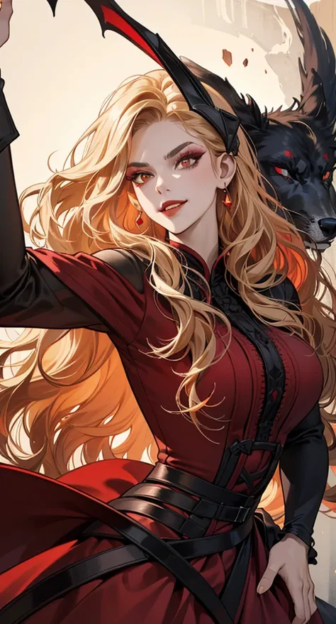 Masterpiece, ultradetailed face, portrait, dynamic angle, dark colors, detailed shading, ((heavy makeup)), ((red fit dress)), skinny, ((angry eyes)), ((smiling)), ((long wavy hair)), wolf cut, red lips, blonde hair, pale skin, sexy pose