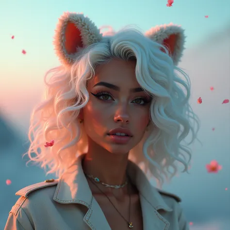 1girl, white curly full hair,  bear_ears, animal_ears, solo, dark_skin, tan_skin, foggy neon futuristic,  summer jacket, sakura falling, portrait style, looking_at_viewer, cinematic lighting,  eyeliner, makeup, emotional,  highly detailed, wide shot, Digit...