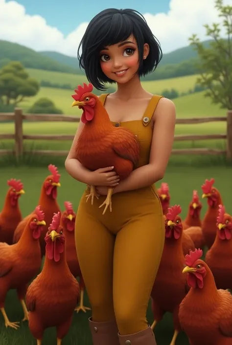  a short white Brazilian woman with black hair with a side fringe with 9 red royal chickens in a farm landscape, with a woman mustard yellow jumpsuit , brown boots holding a chicken , not cartoon style