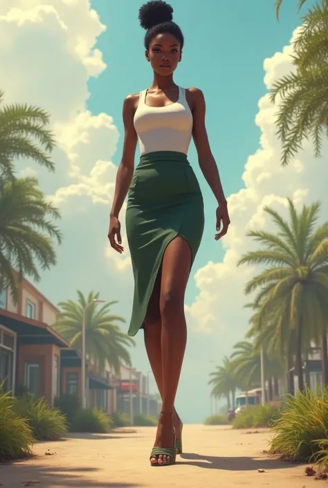 A tall beautiful, cute, African American  girl in a sleeveless skirt, open toe wedge heels. She has her hair tied to a bun. She so tall she towers over everyone she walks past. Her shoes size is big which means she has big feet which gives away her big siz...