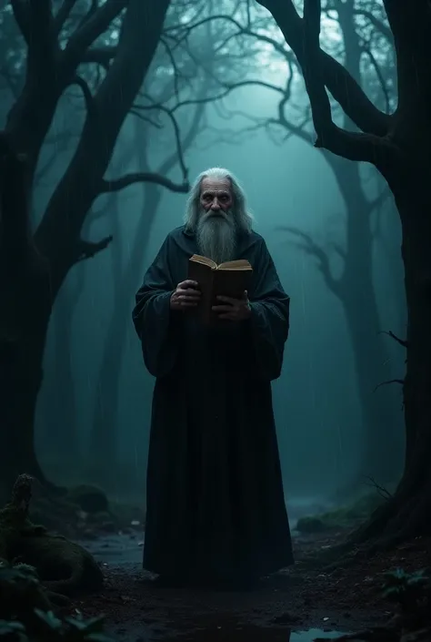 Scary horror image of a old man holding a story book in the rainy dark night in middle of the forest