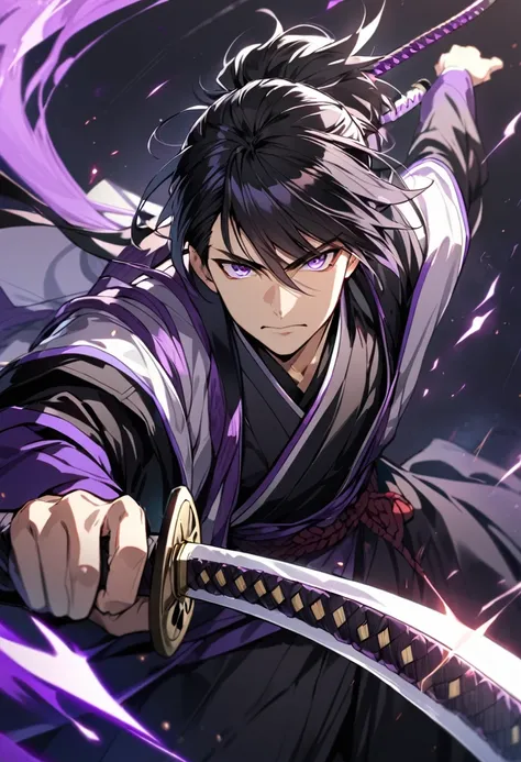 an anime boy samurai carrying katana of destruction with purple flame behind him with katana pointing skyward, weapon, ((detailed katana)), 1man, holding, male focus, solo, holding weapon, holding sword, looking at viewer, flashing purple eyes, black hair,...