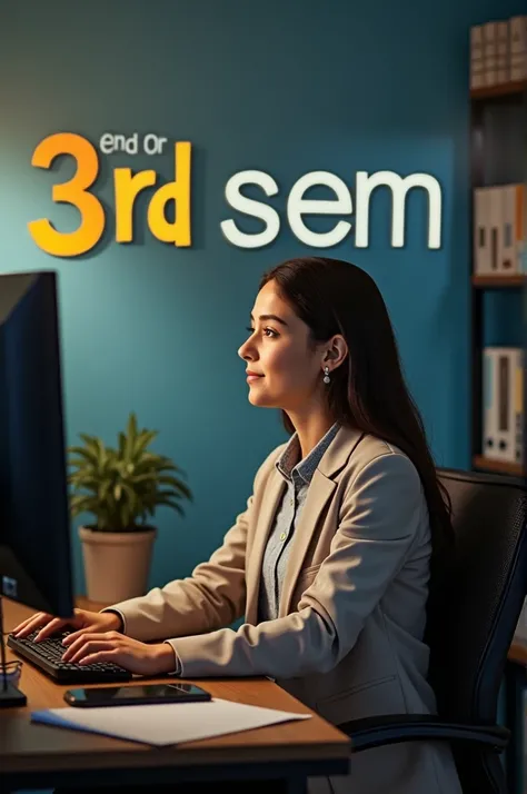  a student sitting in front of computer and he completed 3rd semester so can you make a photo for story. include text "End of 3rd Sem"