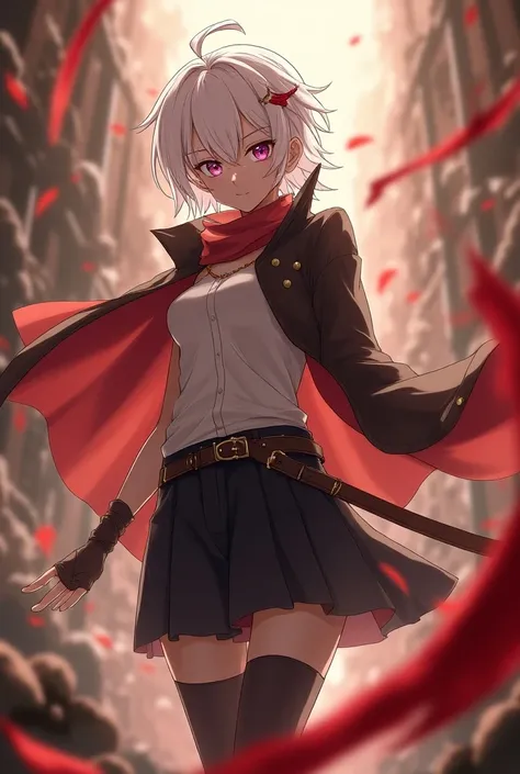 A Young Adult Lancer Medium Size, Lean body/strong, medium white hair/small, with red and purple eyes 1, brown with anime style animation features with the best effects best shadows best lighting 8k best quality ,