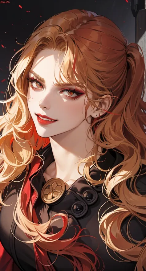 Masterpiece, ultradetailed face, portrait, dynamic angle, dark colors, detailed shading, ((heavy makeup)), ((red fit dress)), skinny, ((angry eyes)), ((smiling)), ((long wavy hair)), wolfcut, red lips, blonde hair, pale skin, sexy pose