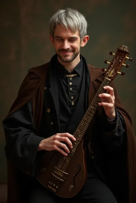 A noble half-elf bard , 40 years old,  small beard and short half-gray hair ,  wearing a black and brown dress ,  playing happily his alaud adorned with precious metals and dark wood