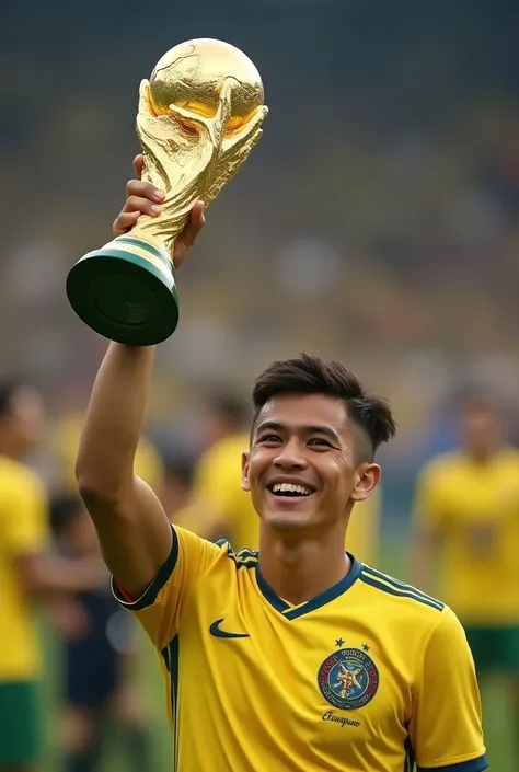 18 year old man, delgado, brown color , with the low fade cut , cabello ondulado,  holding the World Cup, Ecuador 