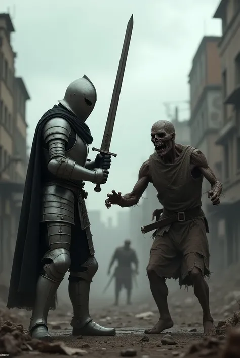 Knight in full medieval armour, attcking zombie with a longsword in a zombie apocalypse 