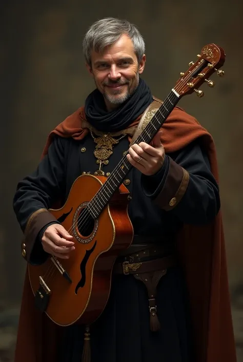 A noble half-elf bard , 40 years old,  small beard and short half-gray hair ,  wearing a black and brown dress ,  playing happily his alaud adorned with precious metals and dark wood