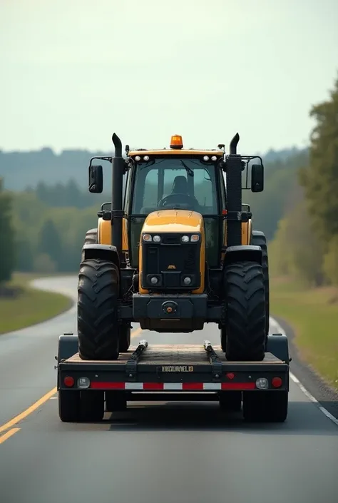 "A trailer hauling heavy equipment, medium shot, eye level, on a road, showing ease of use, smooth tracking."