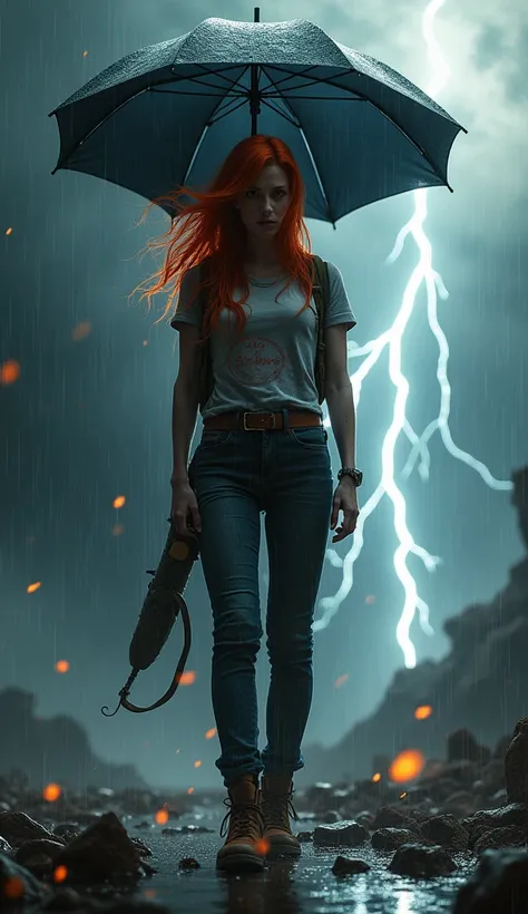 A beautiful redhead space traveler standing in the rain with an umbrella in a lighting storm. Silhouette, Full Body, Hyperdetailed, Tee-Shirt Design, Line Art, Black Background, Ultra Detailed Artistic, Detailed Gorgeous, Water Splash, Colour Splash Art, F...