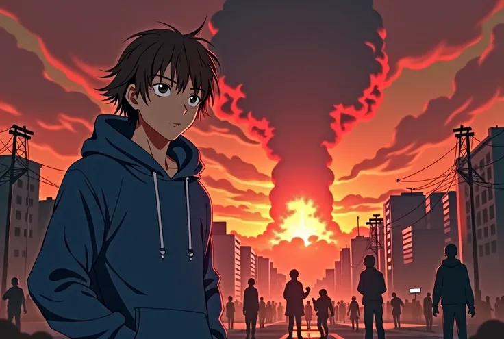 Realistic anime style, A young long brown man, tan skin, wearing a blue sweatshirt, hoodie on, in the foreground on the left, with a city in almost extinguished flames in the background where there are silhouettes of zombies and zombie dogs, a red sky with...