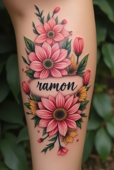   tattoo 
 with cursive letter created with pink flowers, sunflowers, tulips with the phrase Ramon 


