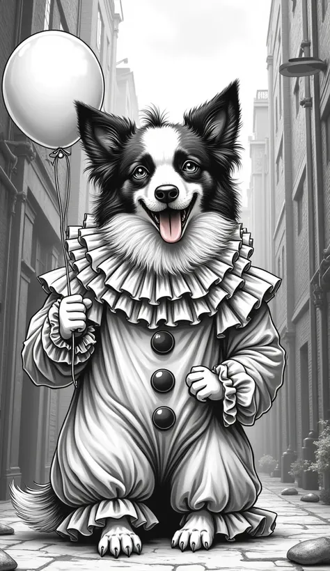 Laughing beautiful border collie in pennywhise clown costume in peaky blinders style with balloon as a coloring page in black and white