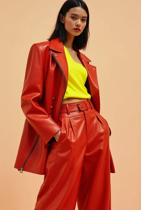 Une veste oversize en cuir rouge de Balenciaga associée à complétée par un haut asymétrique jaune fluo dOff-White.
