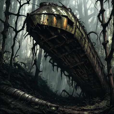 a rusting abandoned ship in a dense forest, highly detailed, 8k resolution, photorealistic, dramatic lighting, grungy atmosphere...