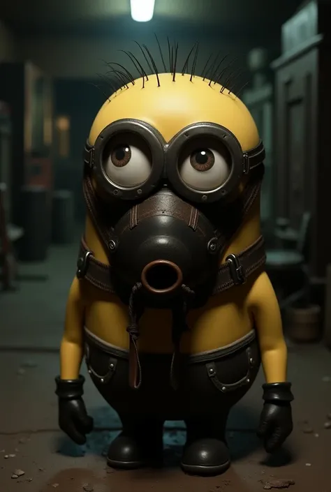 Picture of a Minion in SM , an SM full leather mask and an SM gag

