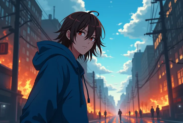 Realistic anime style, A young long brown man, tan skin, wearing a blue sweatshirt, hoodie on, in the foreground on the left, with a city in almost extinguished flames in the background where there are silhouettes of zombies and zombie dogs, a beautiful bl...