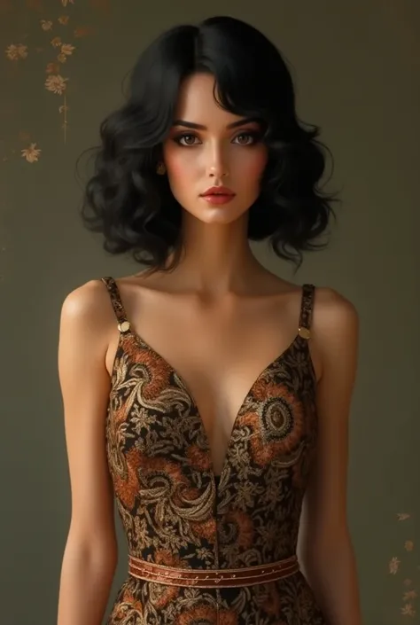 woman, wearing a paisley drop waist dress, Skin: pale tan Hair: Mid-length, wavy, black Eyes: Dark brown, average-sized Height: Very short Weight: Quite thin Build: Average art deco style