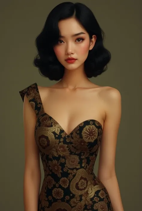 woman, wearing a paisley drop waist dress, Skin: pale tan Hair: Mid-length, wavy, black Eyes: Dark brown, average-sized Height: Very short Weight: Quite thin Build: Average art deco style