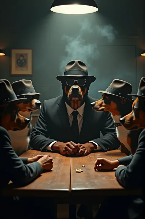 A pack of dogs in fedoras and sunglasses, gathered in a smoky back room. The leader, a Rottweiler, is revealing a secret heist plan involving a hidden stash of dog treats, while the others listen intently.
