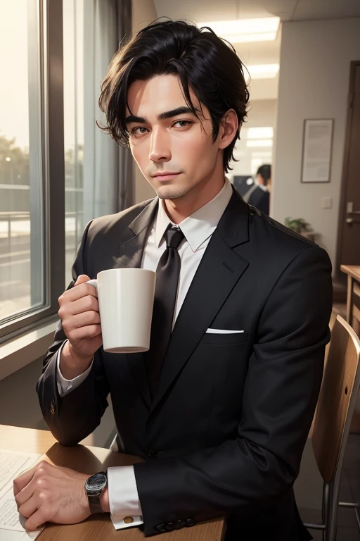 Kind grown man, good looking, dad, wearing uniform office with necktie, holding a cup of coffee, black hair.