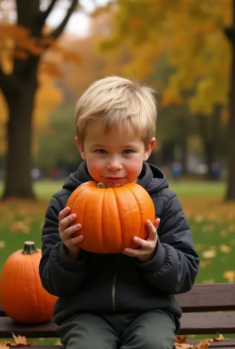 Kevin de Home Alone en train de manger une citrouille de Halloween dans un parc, en photographie réaliste