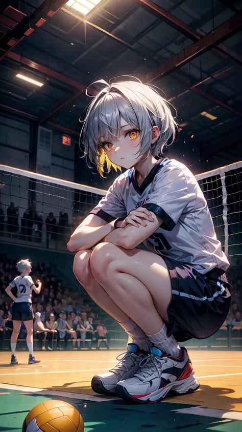 Girl with silver Pixie hair with yellow-dyed tips and bright yellow eyes. wears a blue volleyball shirt (number 7) combined with matching shorts, knee-length socks and white athletic sneakers . Slim, very muscular and defined body . She is crouched crossin...