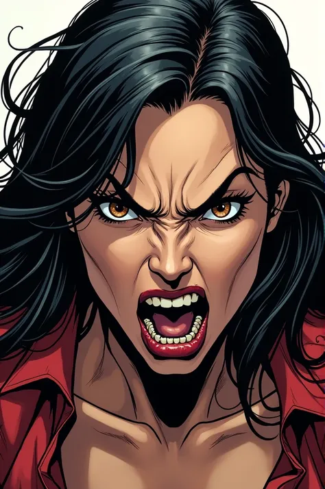 Marvel comic panel, a white woman with long black hair, brown eyes and a look of fury 