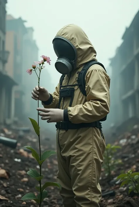  Person in anti-toxic gas suit, picking a flower, post-war , is