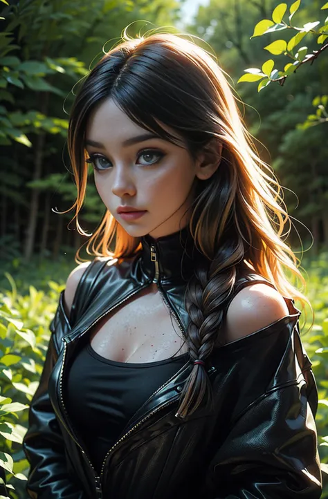 cyberpunk female full realistic Age: 18 years old Height: 59" (1.75 m) Appearance: Elara’s connection to nature is evident in every aspect of her being. Her long, black hair is thick and often woven into a braid that reaches down her back, practical yet wi...