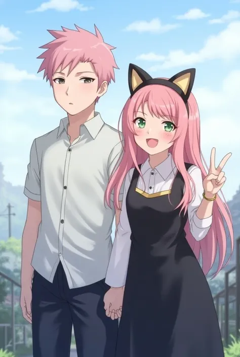 outdoors, day, cloud, cloudy sky, sky, blue sky, ((1boy, solo, male focus, itadori_yuuji, pink hair, undercut,), arms at sides next to, ((1girl, Pink hair, green eyes, smiling expression, blushing cheeks, black dress with white collar, black and gold cat e...