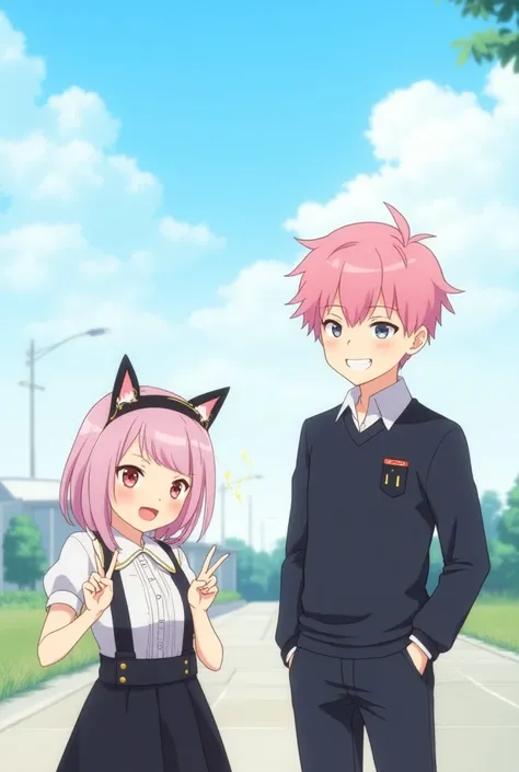 outdoors, day, cloud, cloudy sky, sky, blue sky, ((1boy, solo, male focus, itadori_yuuji, pink hair, undercut,), arms at sides next to, ((1girl, Pink hair, green eyes, smiling expression, blushing cheeks, black dress with white collar, black and gold cat e...