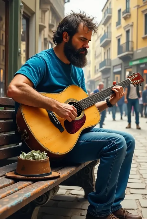  A bearded man in a blue t-shirt playing an old guitar sitting on a bench in the square.  In front of you an old brown hat with money in it . Inspired by the cubist style 