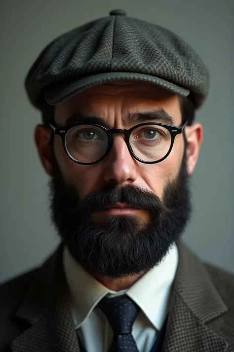 White man with black beard ,  wearing cap and eyeglasses for myopia