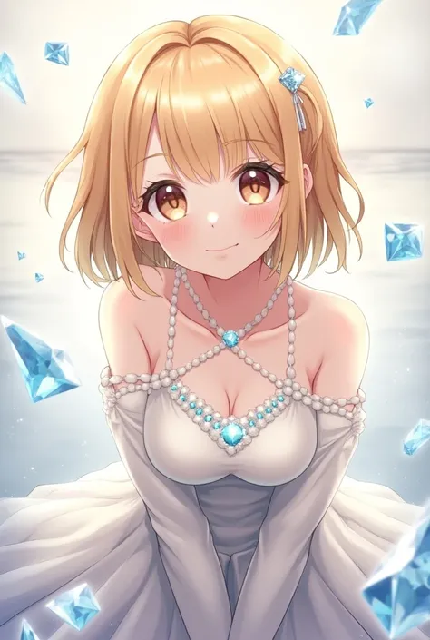 topic: Diamond girl , beautiful,  beautiful eyes,  look at the viewer, smiles, anime,simple background, tape, Shine,  full body ,Blushing, HD model,  Short Hair , bang, bang на глаза, diamond clothes ,  blonde hair , High definition, in a diamond yard 