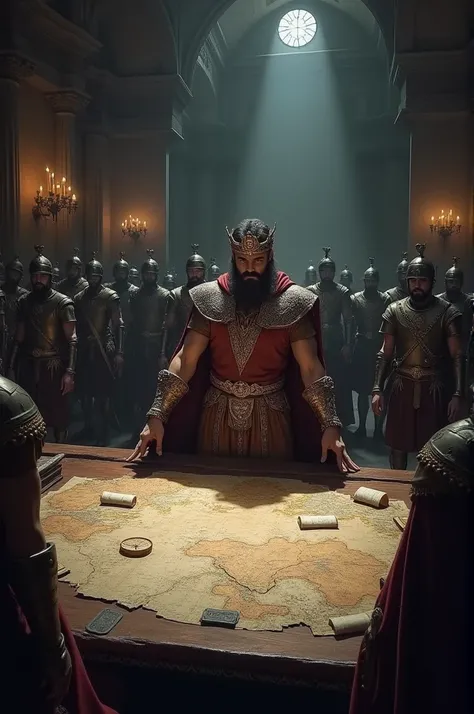 A neighboring king is shown in a dark, strategic war room, planning an attack on King Ajay Singhs kingdom. Soldiers are preparing for battle, and maps are spread on a table, revealing the aggression and threat looming over the peaceful land