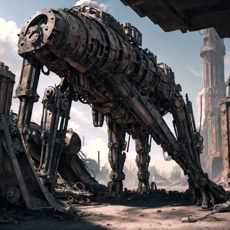  a huge steel machine ,  Complex and precise gear structure ,  steampunk style, steam,  Metallic luster , Strong light and shadow contrast , Rich details, Full of power, sci-fi futuristic ,  Huge shadows cast on the ground ,  Surrounding the ground {x} are...