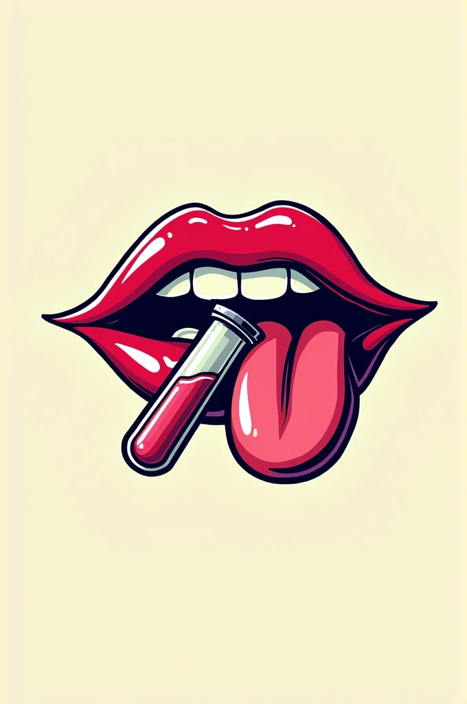  A comic style logo that has 2 sexy mouths with tongues sticking out,  while the tongues lick a chemical test tube ,  must have a sign with the phrase  "IntimacyLab "